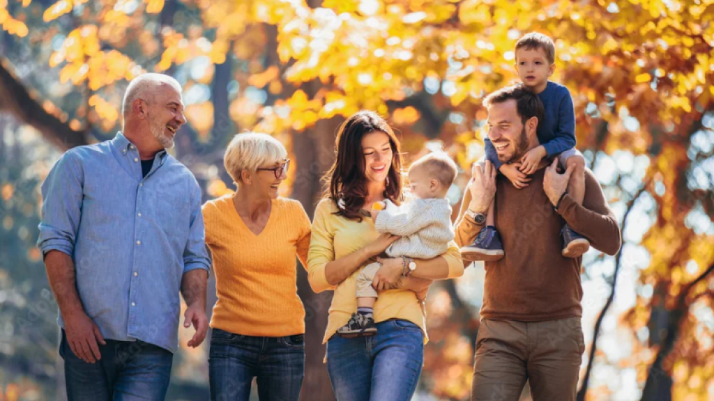 Family in woods